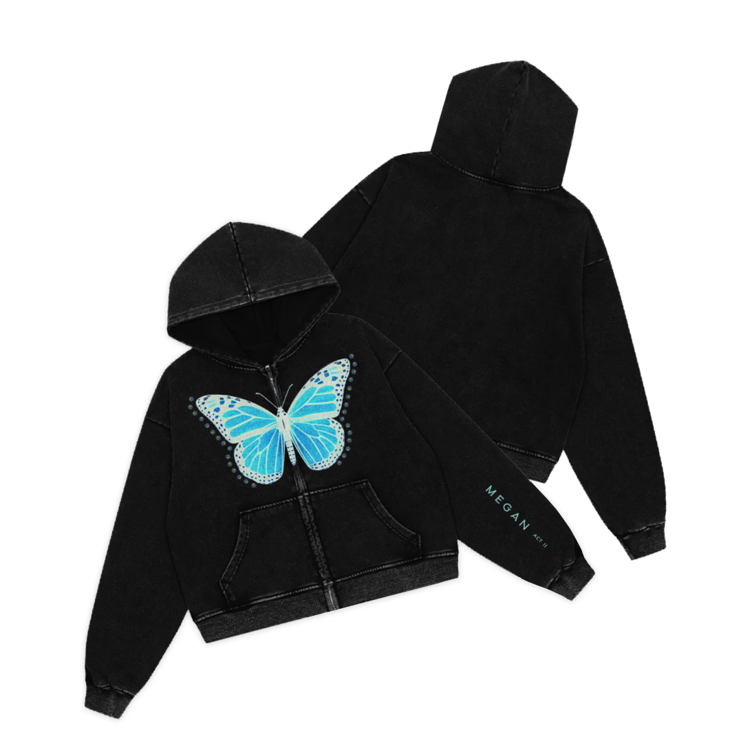 BLUE BUTTERFLY CROPPED ZIP UP HOODIE BLACK